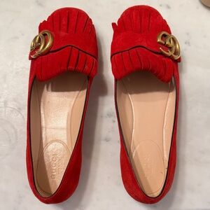 Authentic Gucci Red Suede Flats with Gold Detail